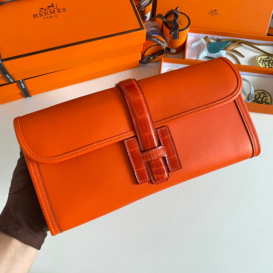 HM Jige Elan 29 Clutch In Bright Orange Calfskin With Lizard Skin(25 days of production)