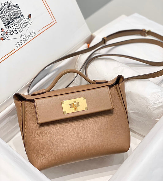 HM Mini 24 Sur 24 Bag 21cm Brown Swift Cowhide Gold Hardware 250274