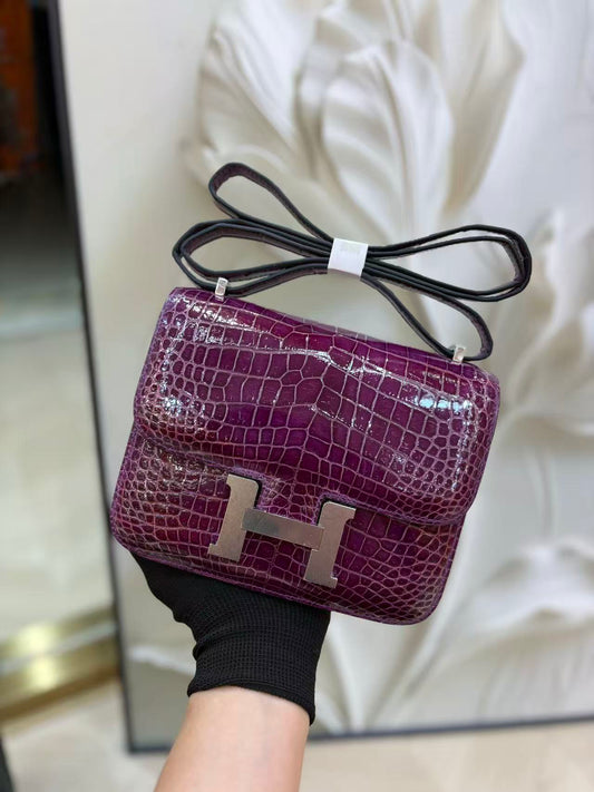 HM Constance Bag 18cm Crocodile Purple Patent Leather (15 days production)