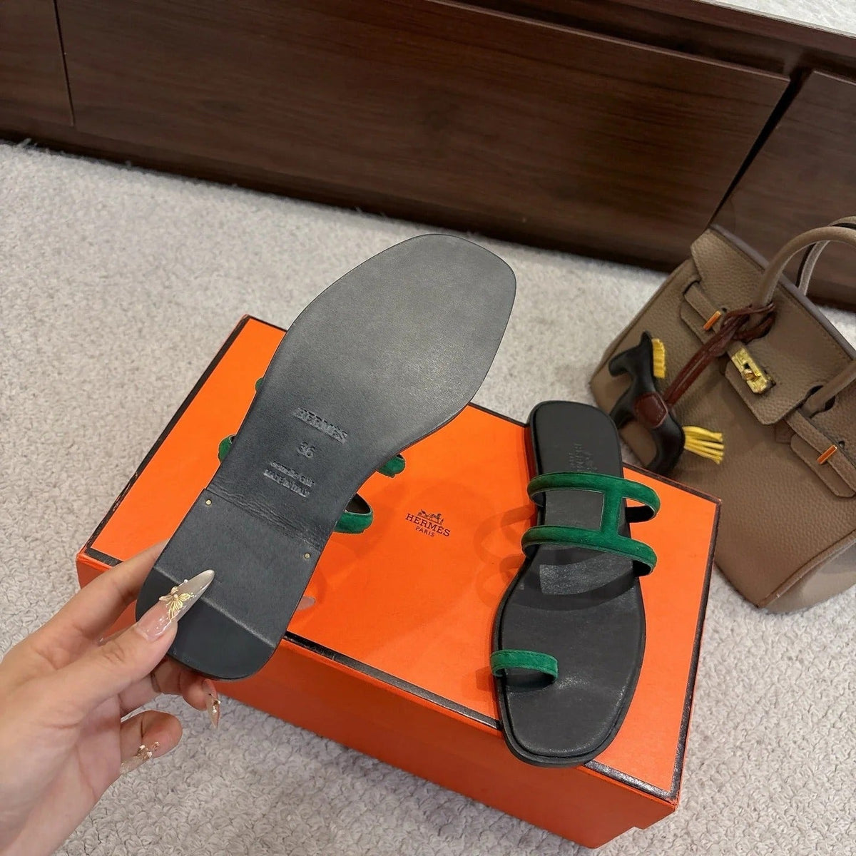 Hermes Georgia Sandals Green in Suede 685985