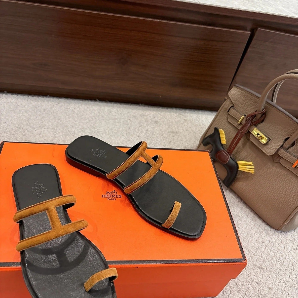 Hermes Georgia Sandals Brown in Suede 685981