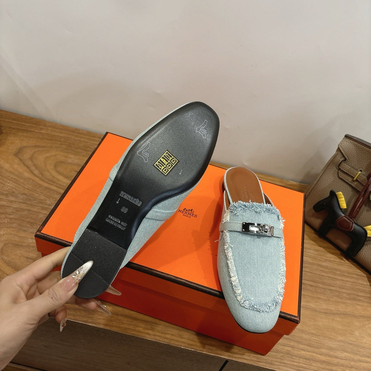 HM 26s Oz Mule In Light Blue Denim Silver Hardware