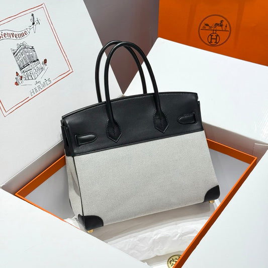 HM Birkin 30cm Black Swift Cowhide With Black White Checkered Canvas Fabric Ghw 249977