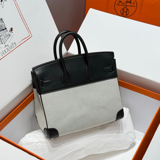 HM Birkin 25cm Black Swift Cowhide With Black White Checkered Canvas Fabric Shw 249986