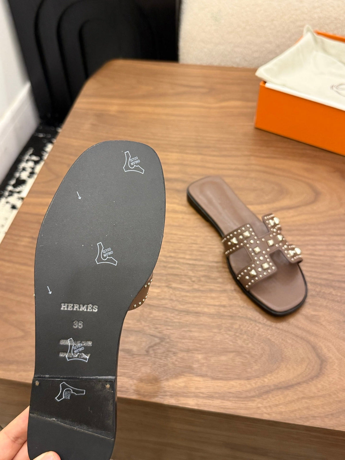 HM 26s Oran Studded Sandals In Dark Brown Calfskin