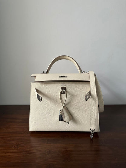 HM KELLY 25CM WHITE EPSOM SILVER HARDWARE