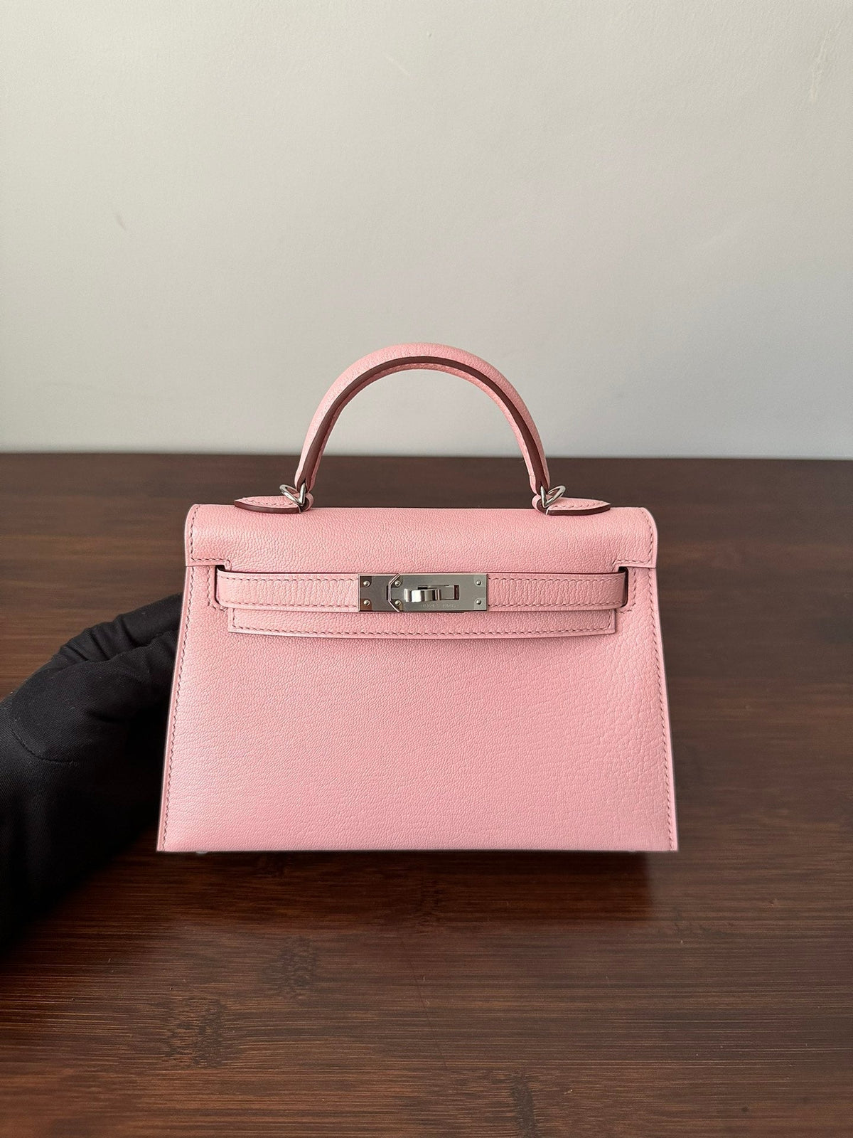 HM KELLY MINI 20 PINK CHEVRE SIVER HARDWARE