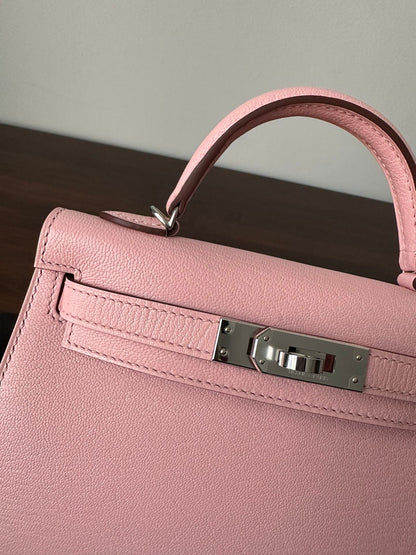 HM KELLY MINI 20 PINK CHEVRE SIVER HARDWARE
