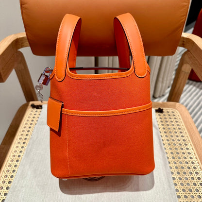 HM Picotin Lock 18CM Pocket Handbag Orange Swift Canvas