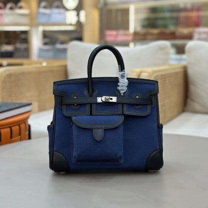 HM Birkin Cargo 25CM Handbag Black Navy Swift Canvas