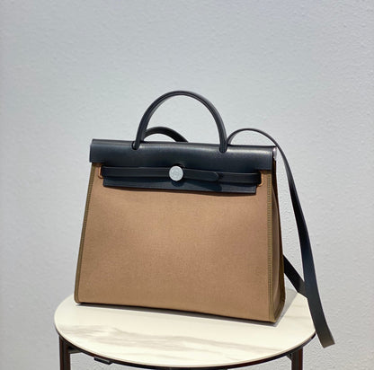 Herbag 31 Toile Brown Canvas Black Cowhide Leather