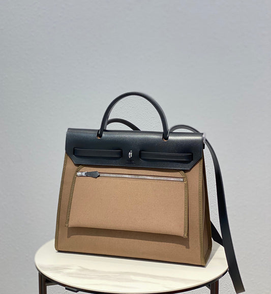 Herbag 31 Toile Brown Canvas Black Cowhide Leather