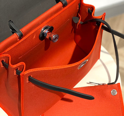 Herbag 31 Toile Red Orange Canvas Black Cowhide Leather