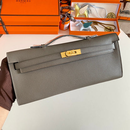 HM Kelly Cut 31 Fossil Gray Epsom Leather Gold Hardware 229052