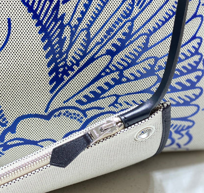 HM Pegase Pop Herbag Zip 31 White Blue Canvas Black Cowhide Leather