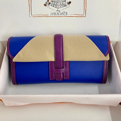 HM Jige Elan 29 Clutch In Cobalt Blue Calfskin With Violet Purple Lizard Skin(25 days of production)