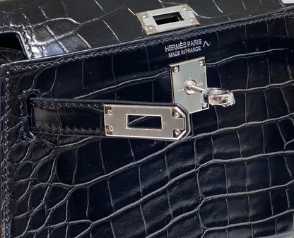 HM 25s Mini Kelly 19 Cm Black Embossed Crocodile Silver Hardware