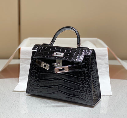 HM 25s Mini Kelly 19 Cm Black Embossed Crocodile Silver Hardware