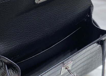 HM 25s Mini Kelly 19 Cm Black Embossed Crocodile Silver Hardware