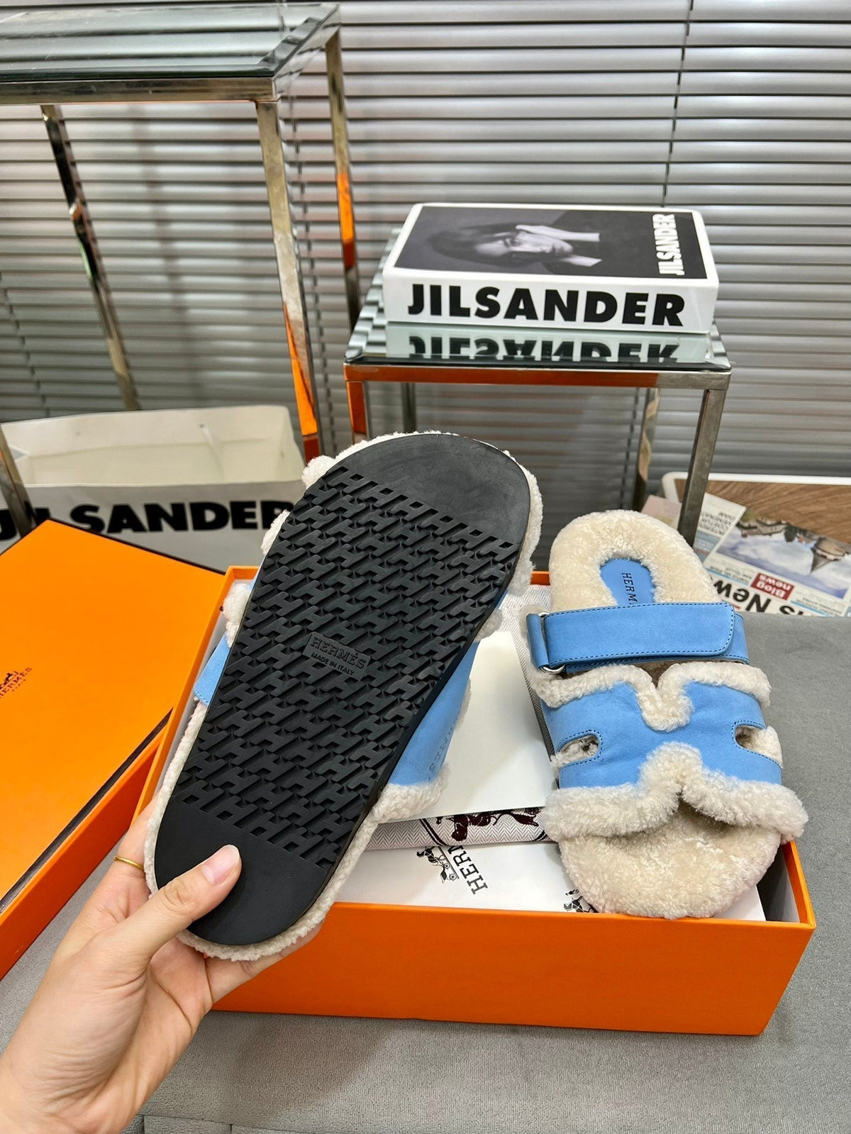 HM Chypre Sandal In Blue Suede And Fleece Lining 953833