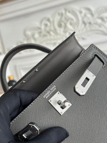 HM Mini Kelly 19cm Charcoal Epsom Silver Hardware