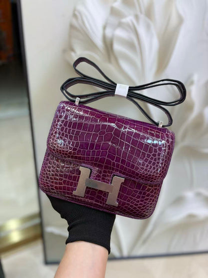 HM Constance Bag 18cm Crocodile Purple Patent Leather (15 days production)
