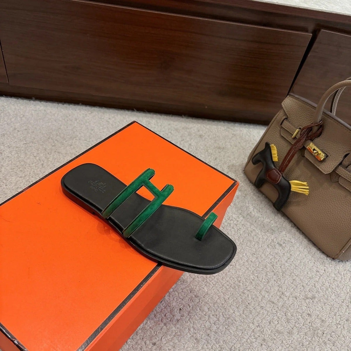 Hermes Georgia Sandals Green in Suede 685985