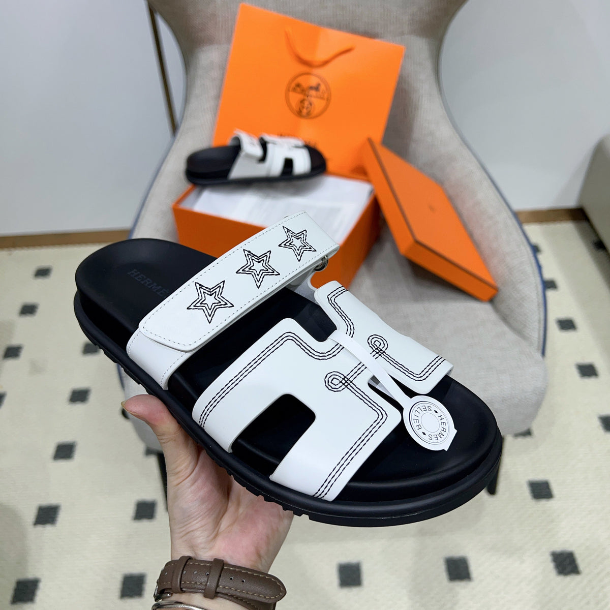 HM Chypre Sandal Black Embroidered White Cowhide 852219