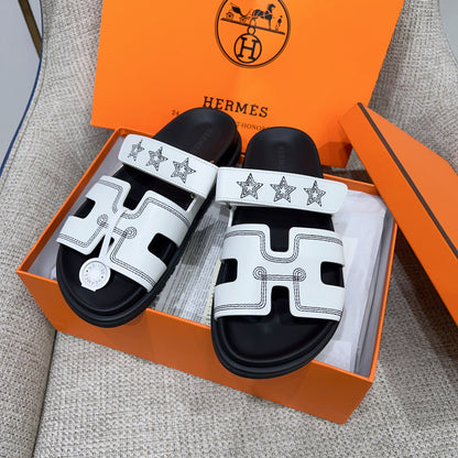 HM Chypre Sandal Black Embroidered White Cowhide 852219