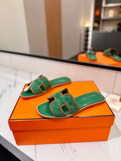 HM 26s Oran Sandals In Green Suede With Tan Bown Braided Trim