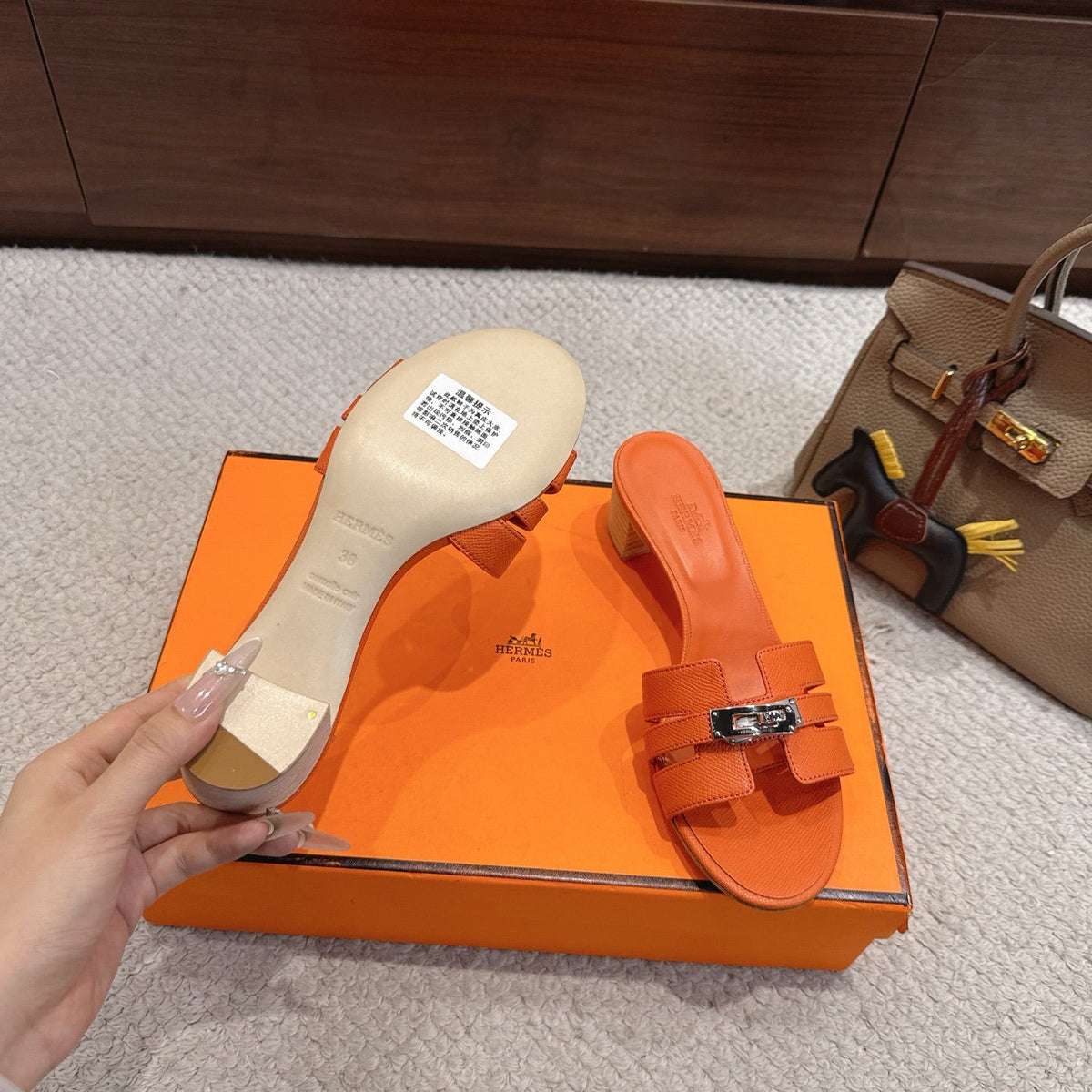 HM Kelly Buckle Sandals 5cm Bright Orange Leather 804985