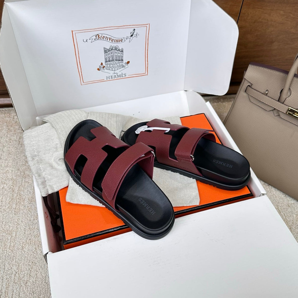 HM Chypre Sandal Black Burugndy Espom Leather 862391