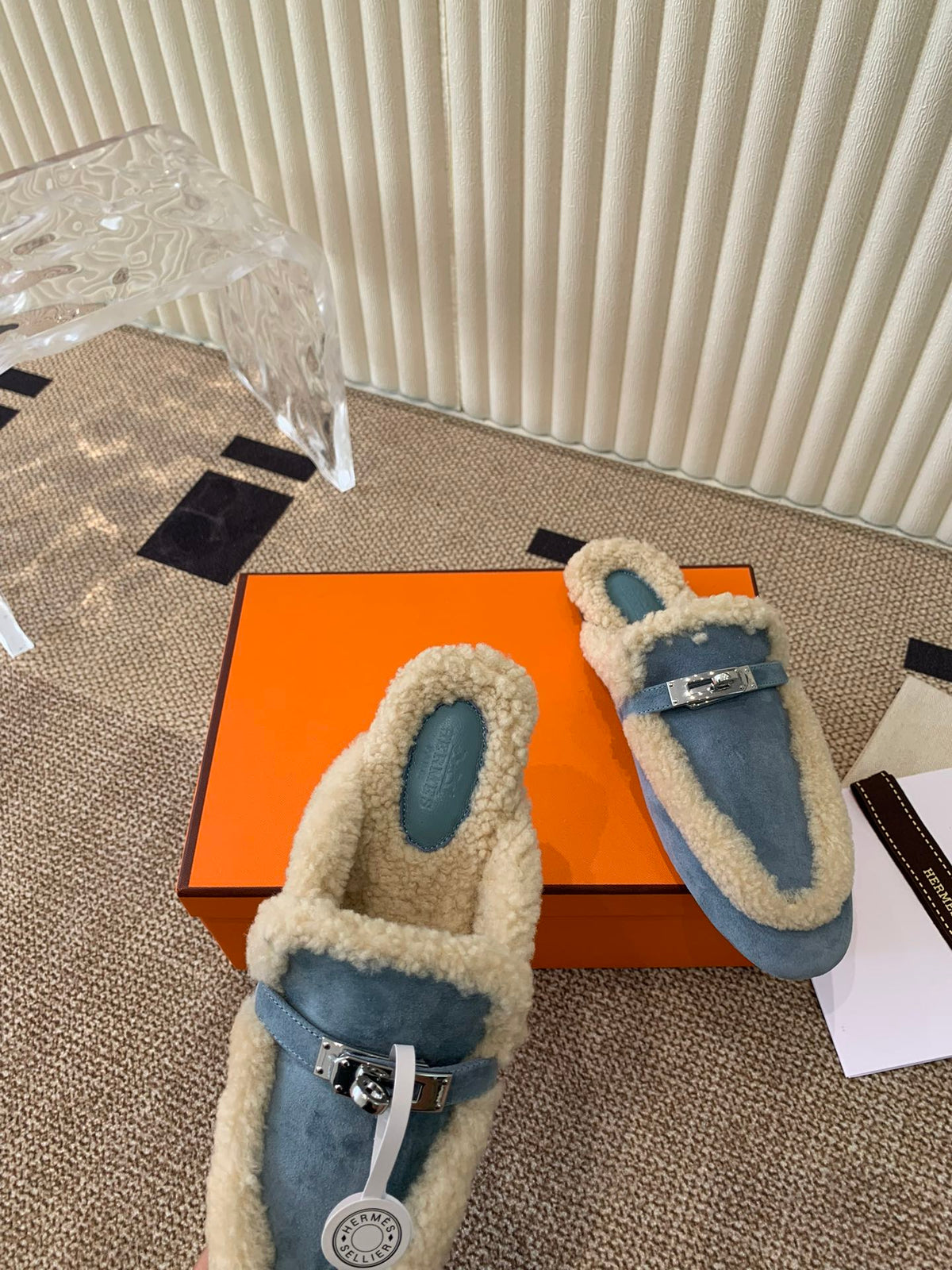 HM Oz Mule In Dark Pastel Blue Suede Lined With Wool Fleece 113199