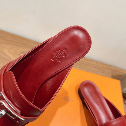 HM 26s Kelly Mule In Dark Red Calfskin Silver Hardware