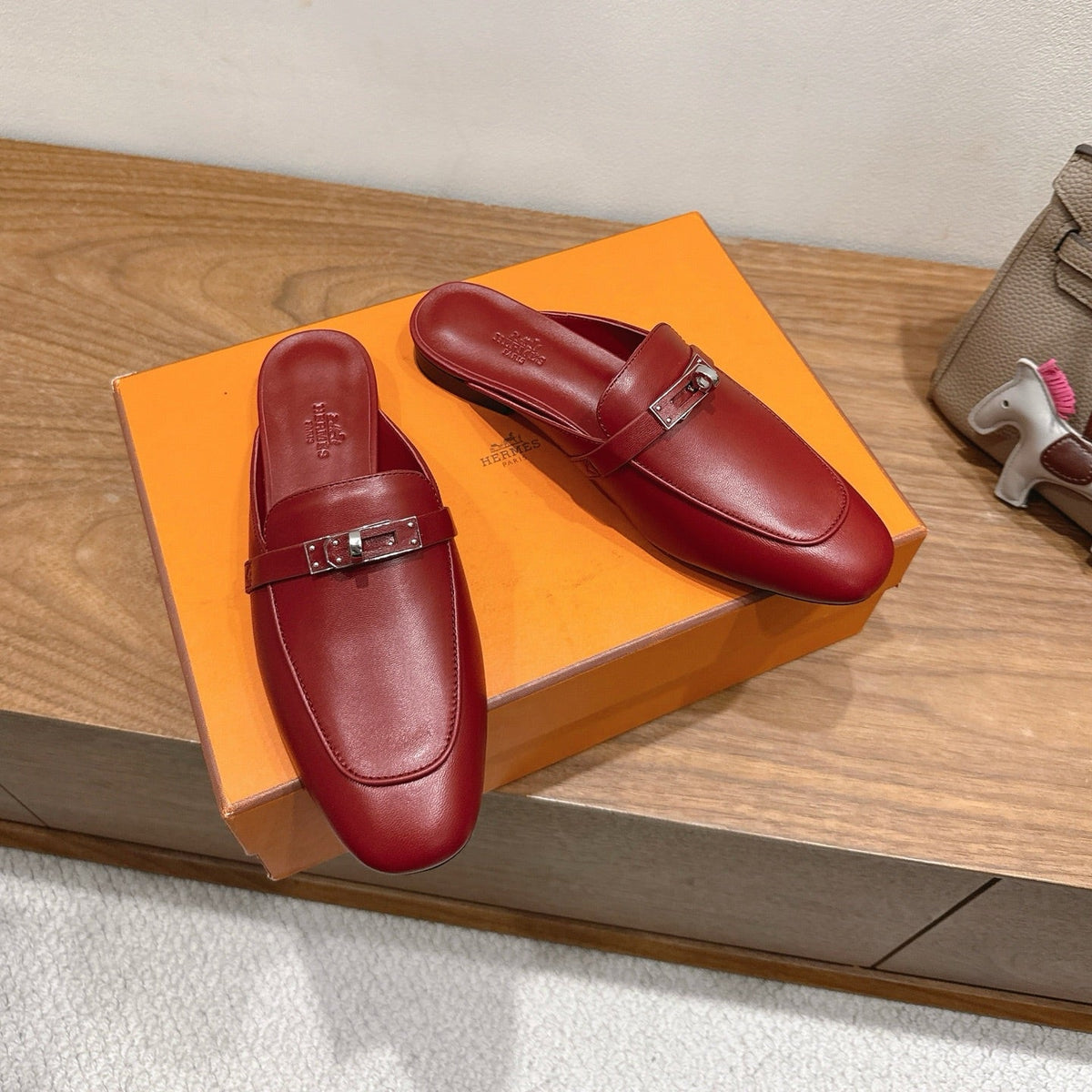 HM 26s Kelly Mule In Dark Red Calfskin Silver Hardware