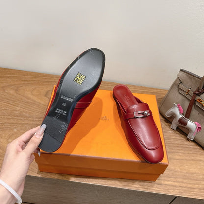 HM 26s Kelly Mule In Dark Red Calfskin Silver Hardware