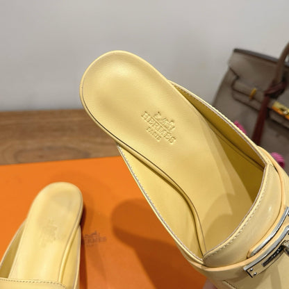 HM 26S Kelly Mule In Pale Yellow Calfskin Silver Hardware