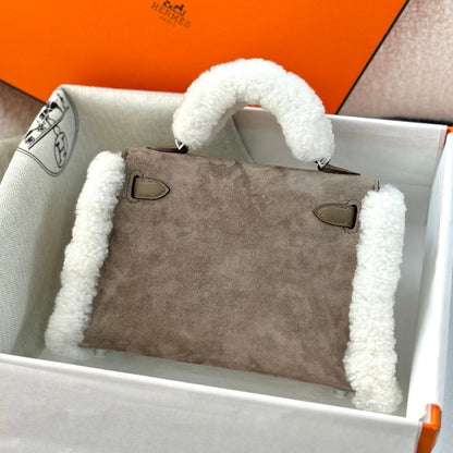 HM Teddy Kelly Bag 20cm Taupe Suede Shearing 284469