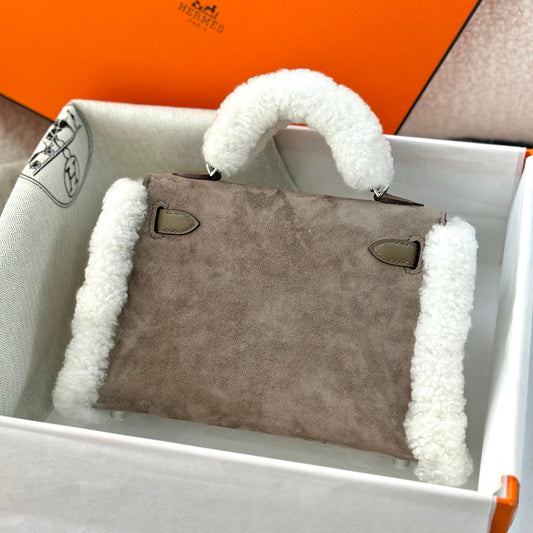HM Teddy Kelly Bag 20cm Taupe Suede Shearing 284469