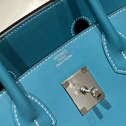 HM Shoulder Birkin 29cm Blue Denim Swift Leather Silver Hardware