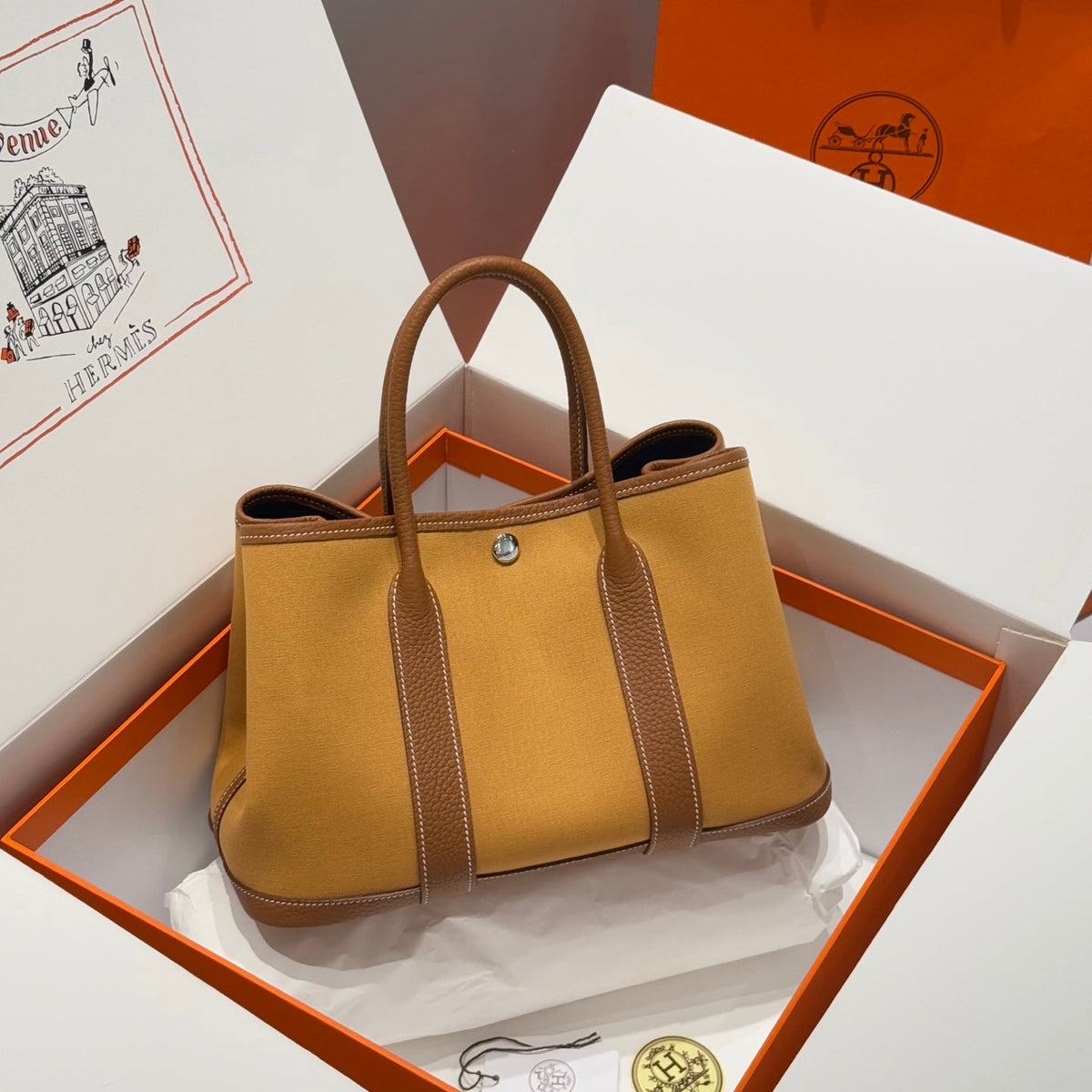HM Garden Party 30cm Bag Gold Togo Dark Beige Canvas