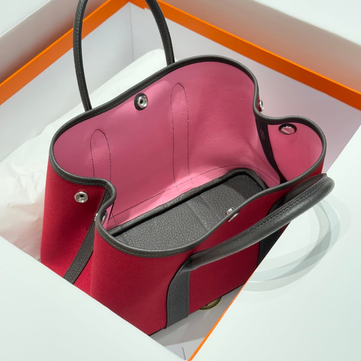 HM Garden Party 30cm Bag Etoupe Clemence Togo Red Canvas