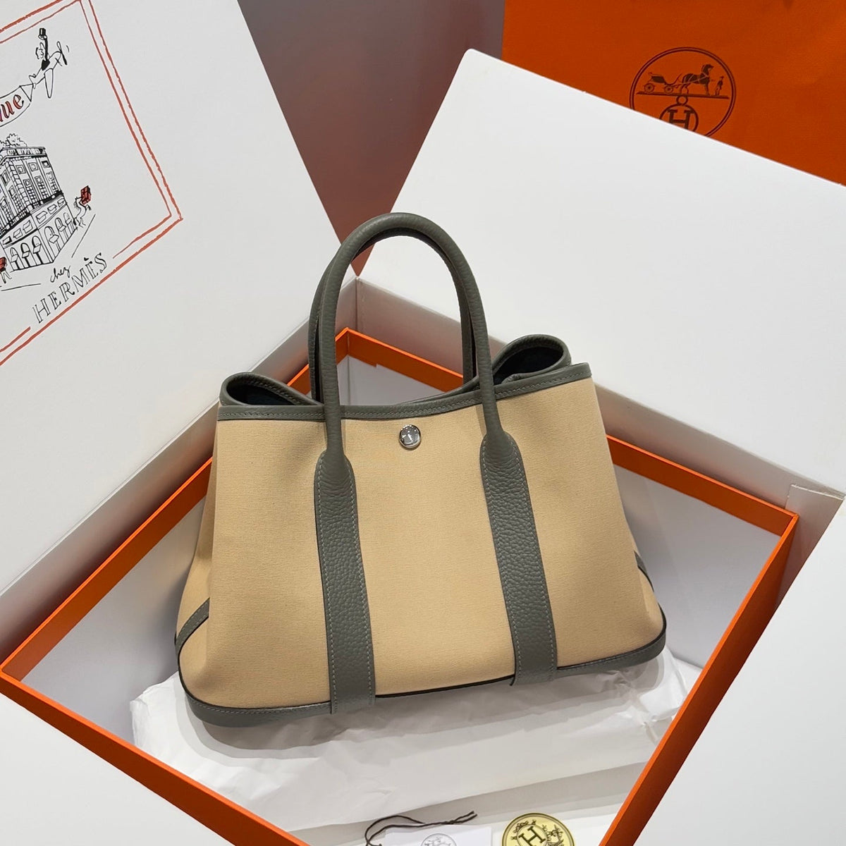 HM Garden Party 30cm Bag Vert Amande Togo Beige Canvas