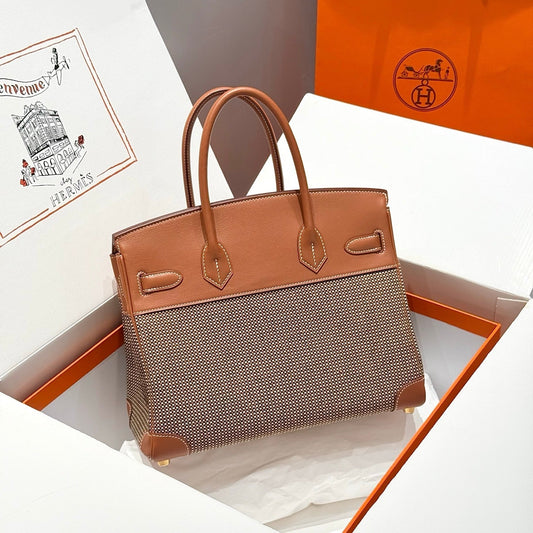 HM Birkin 30cm Golden Brown Swift Cowhide With Waffe Brown Canvas Fabric Ghw 249972