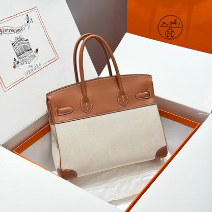 HM Birkin 30cm Golden Brown Swift Cowhide With Beige Canvas Fabric Ghw 249976