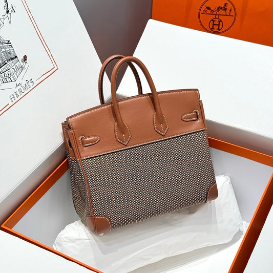 HM Birkin 25cm Golden Brown Swift Cowhide With Waffe Brown Canvas Fabric Shw 249988
