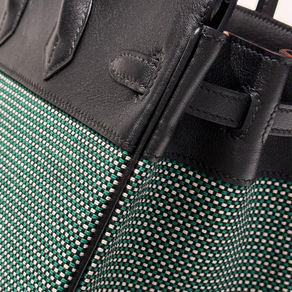 HM Birkin 25cm Black Swift Cowhide With Waffe Forest Green Canvas Fabric Shw 249987
