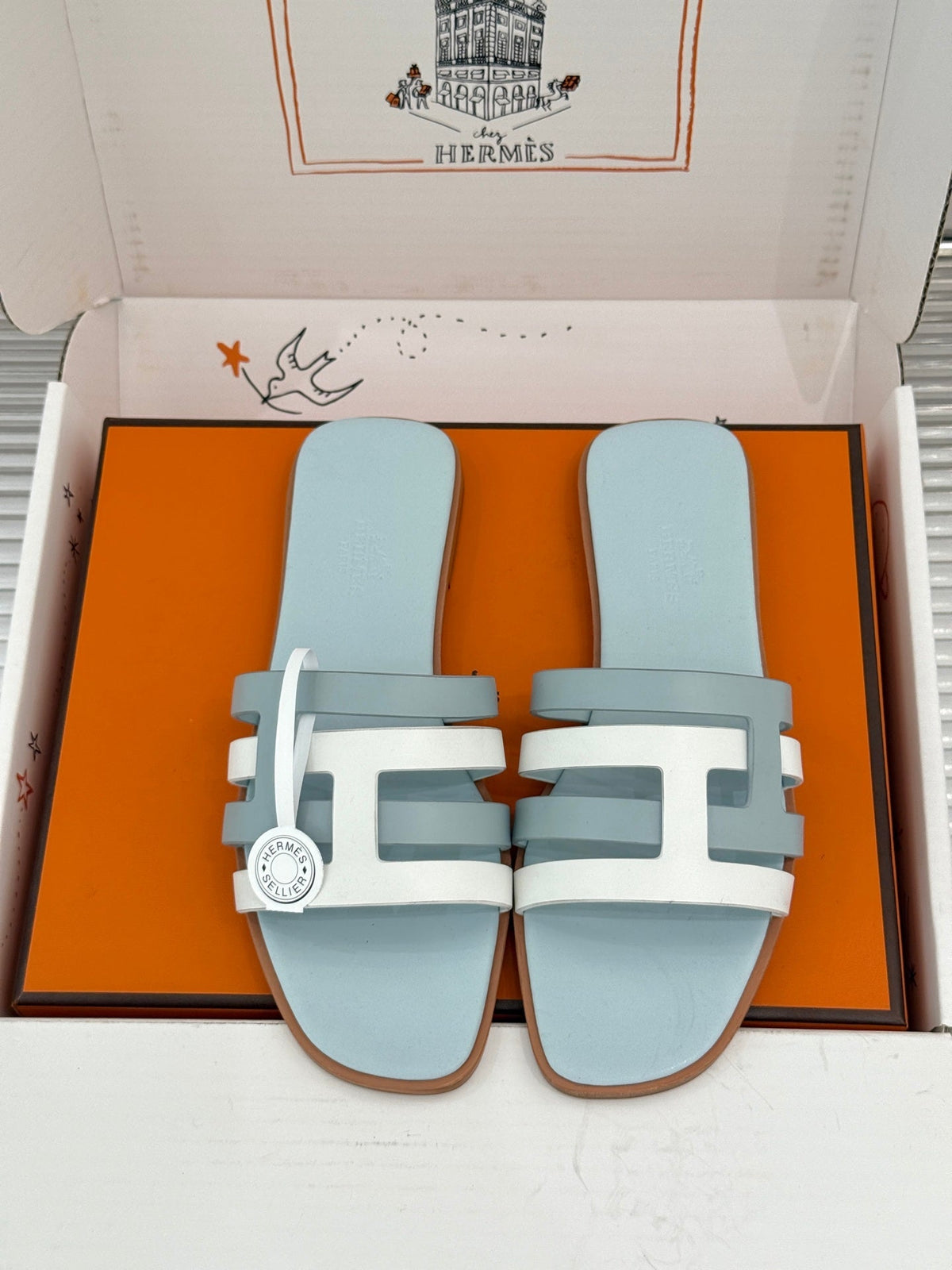 HM 26s Strappy Flat Sandals Blue White Sheepskin 905785