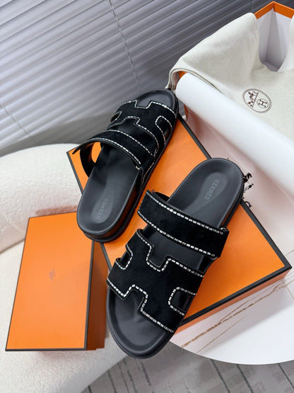 HM Chypre Sandal Black Suede and Crystals 205496