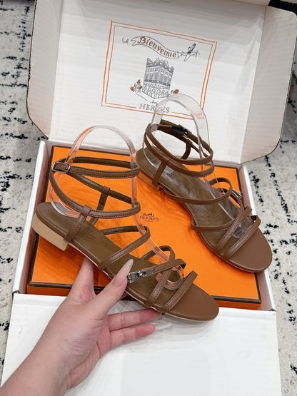 HM 26s Strappy Sandals In Coffee Brown Calfskin Silver Hardware
